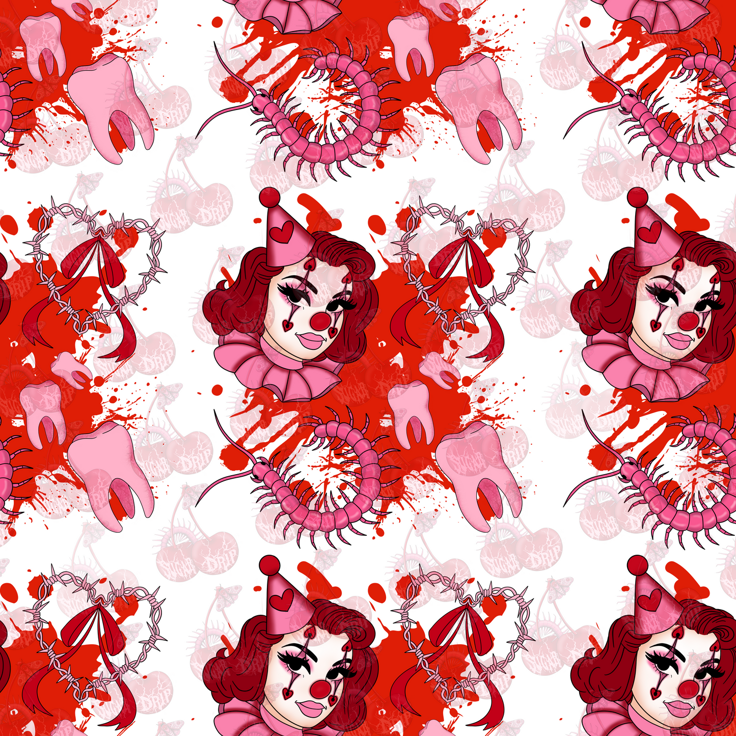 Pink Horror Clown Seamless Pattern
