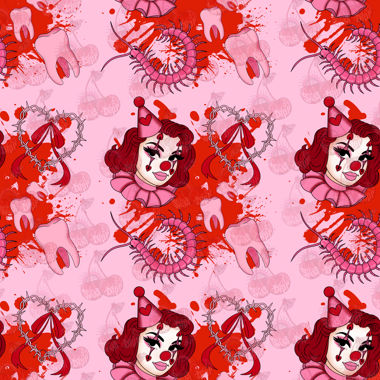 Pink Horror Clown Seamless Pattern