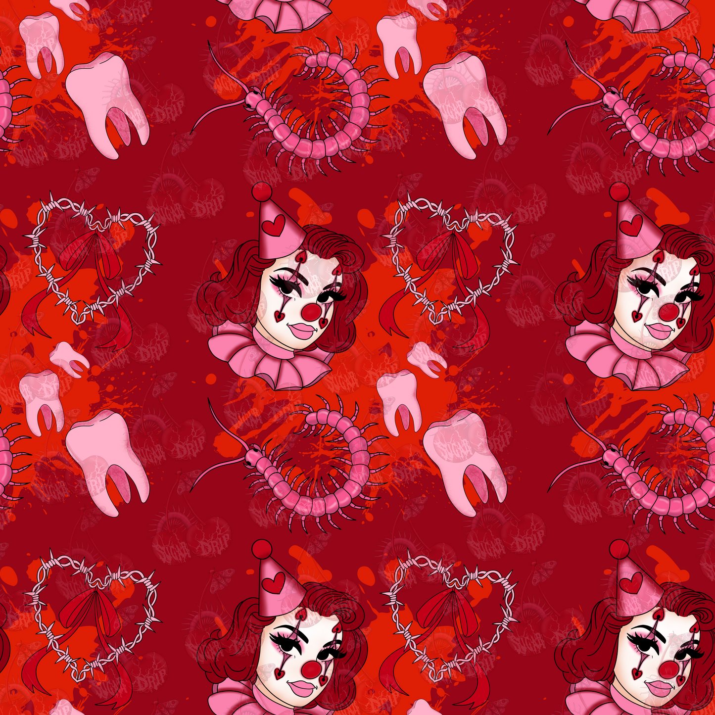 Pink Horror Clown Seamless Pattern