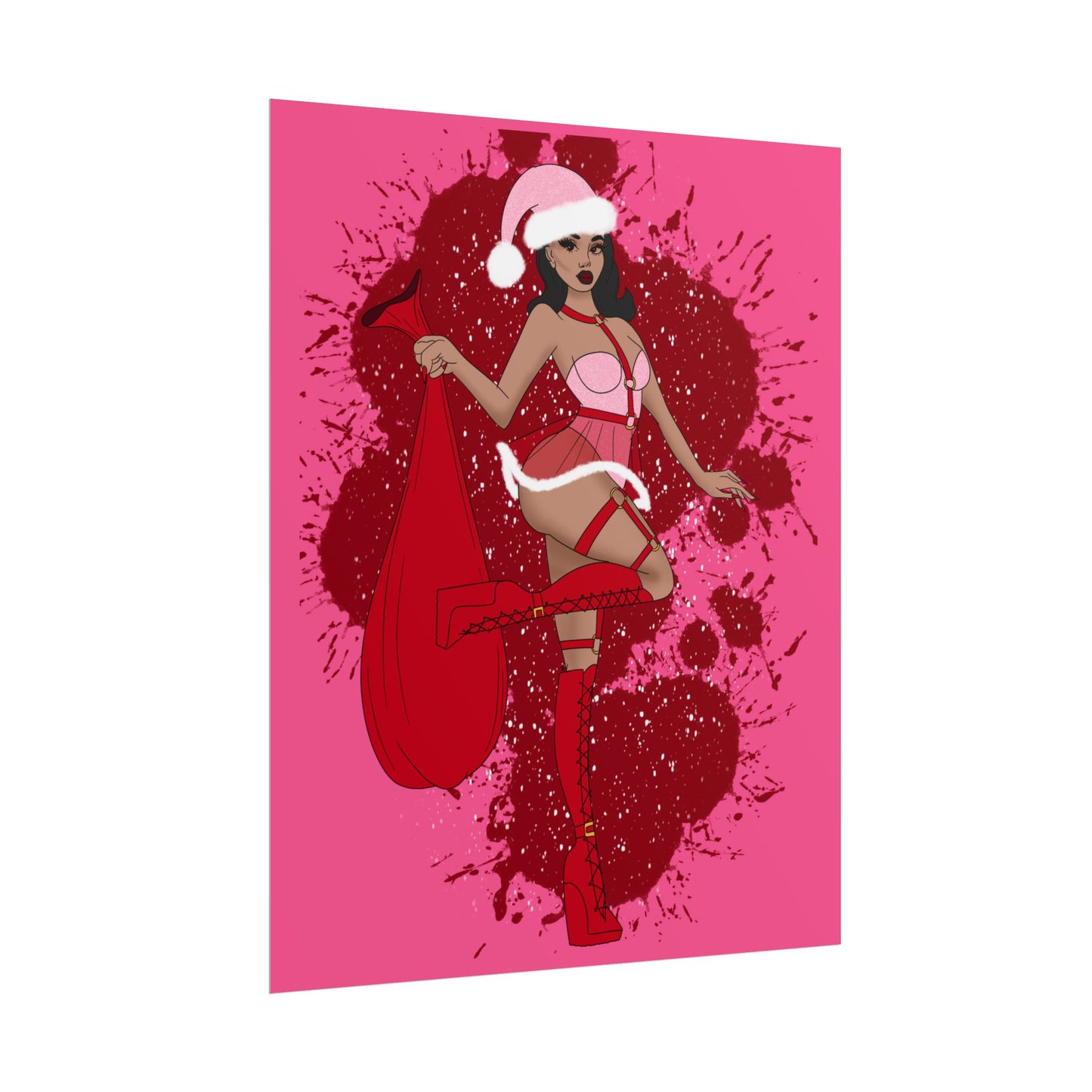 Santa Pink Goth Horror Christmas Pinup Print (Rolled Poster)
