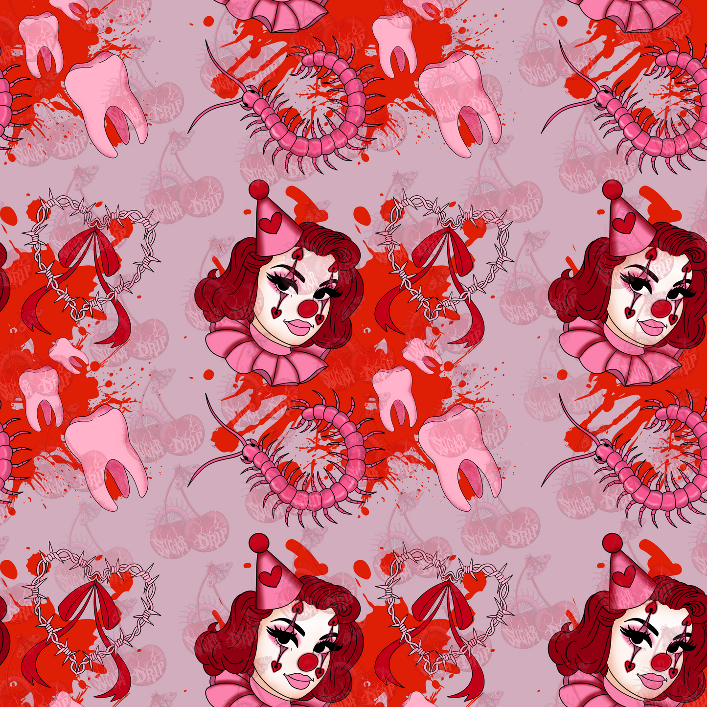 Pink Horror Clown Seamless Pattern
