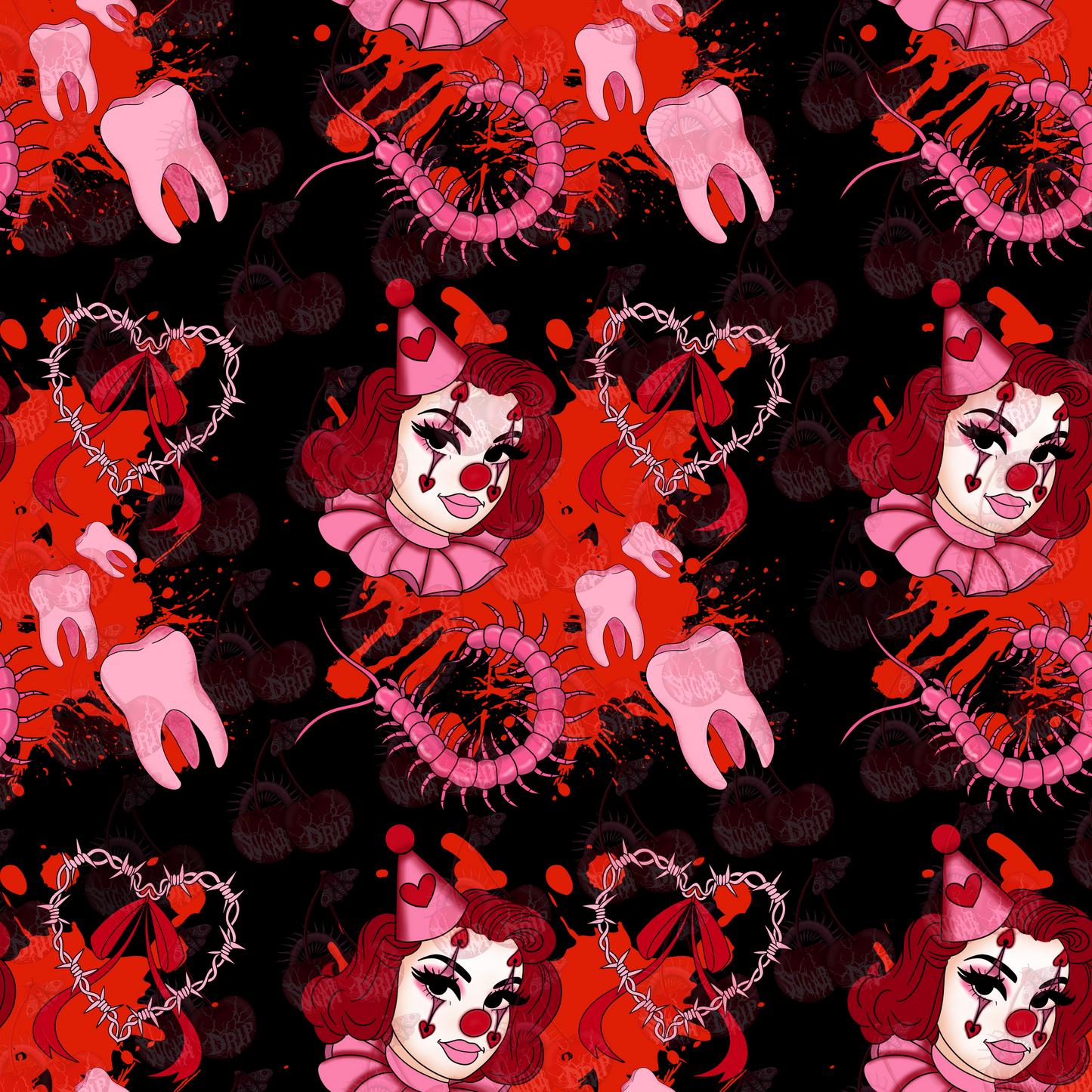 Pink Horror Clown Seamless Pattern