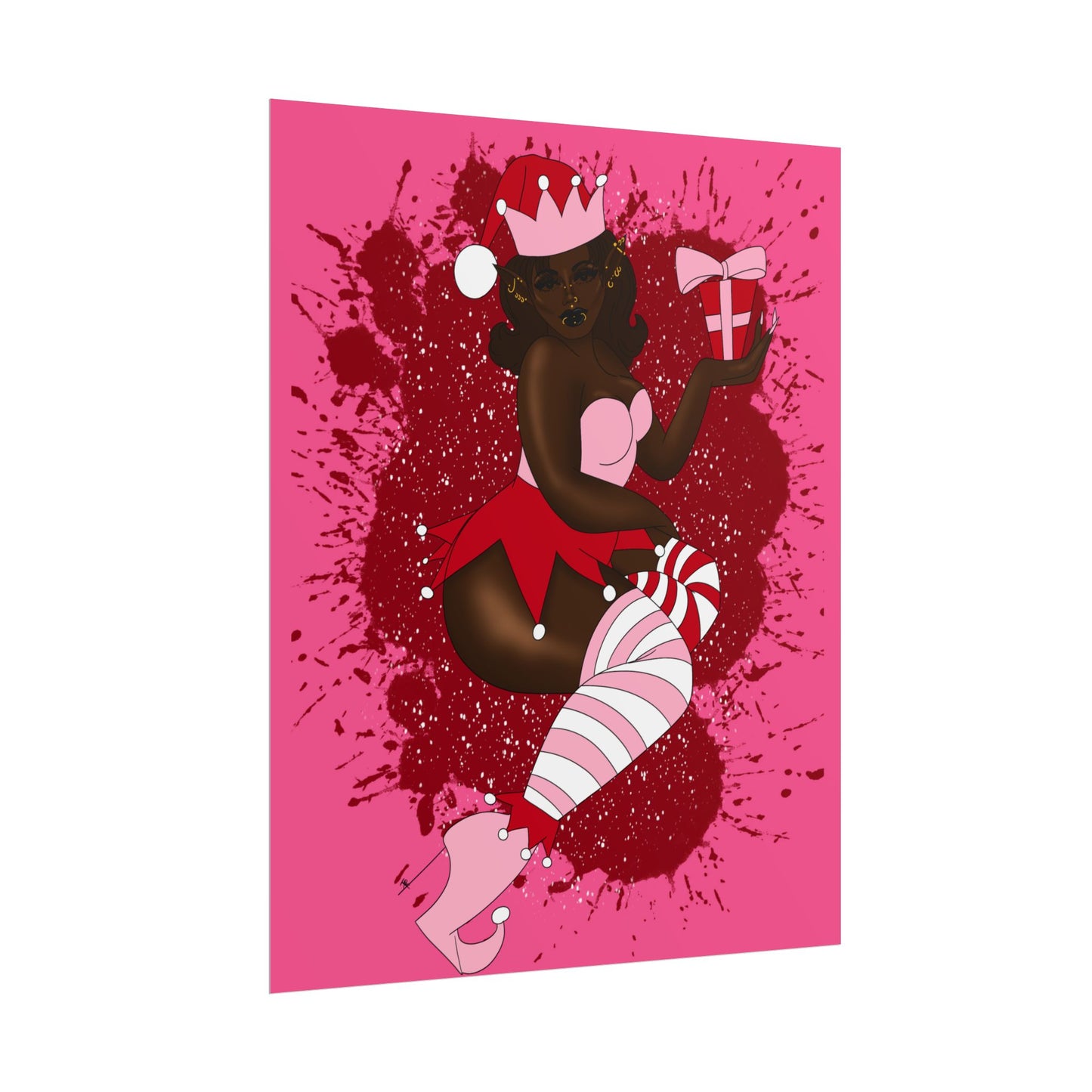 Elf Pink Goth Horror Christmas Pinup Print (Rolled Poster)