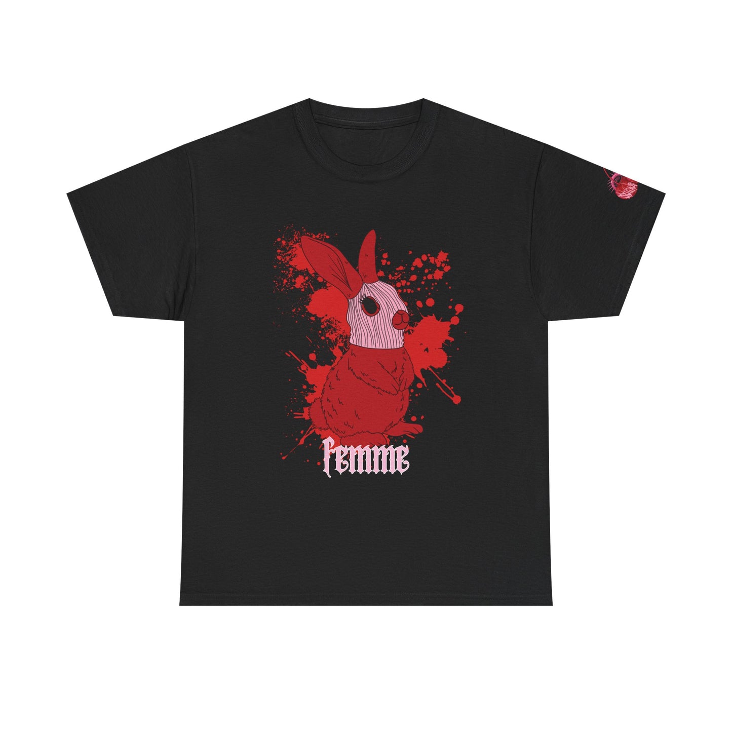 Black t-shirt with red graphic design and the word 'femme' on a white background
