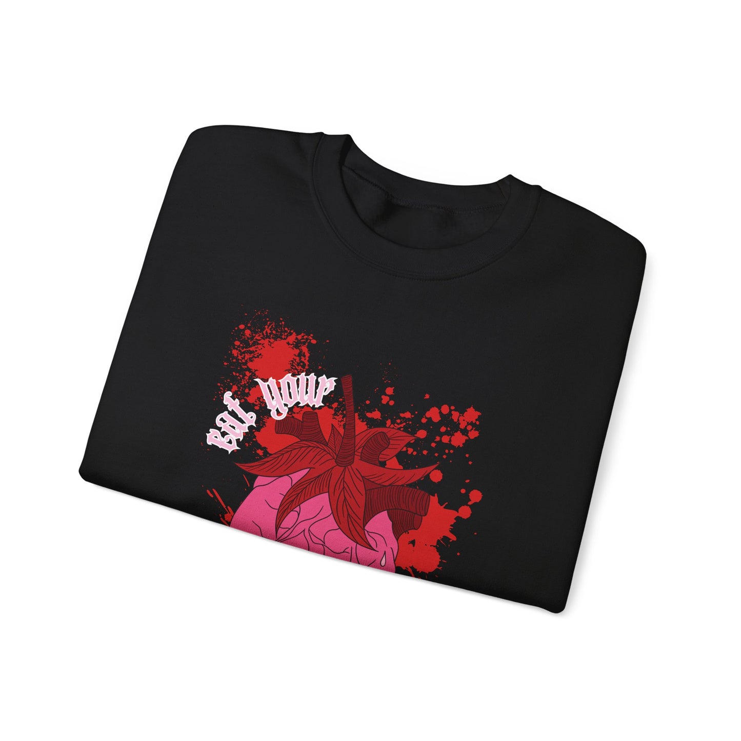 eat your strawberry heart out black sweatshirt folded view