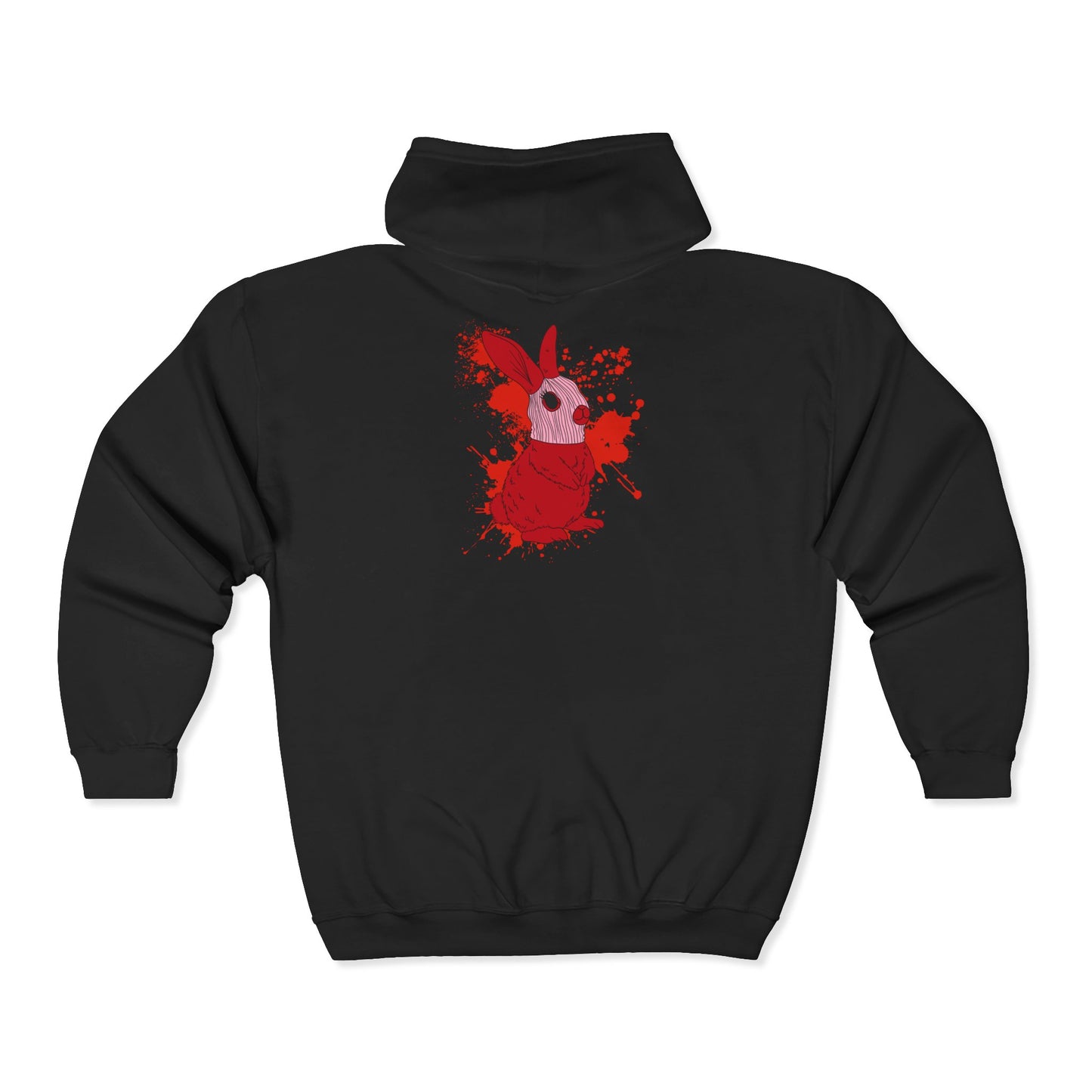 Black hoodie with red graphic design on the back against a white background