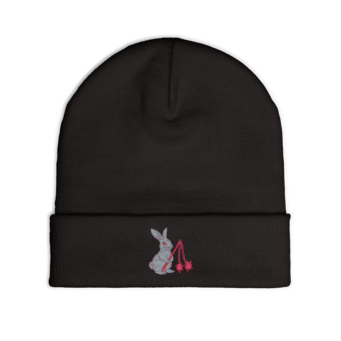 femme feral bunny holding mace embroidered black beanie