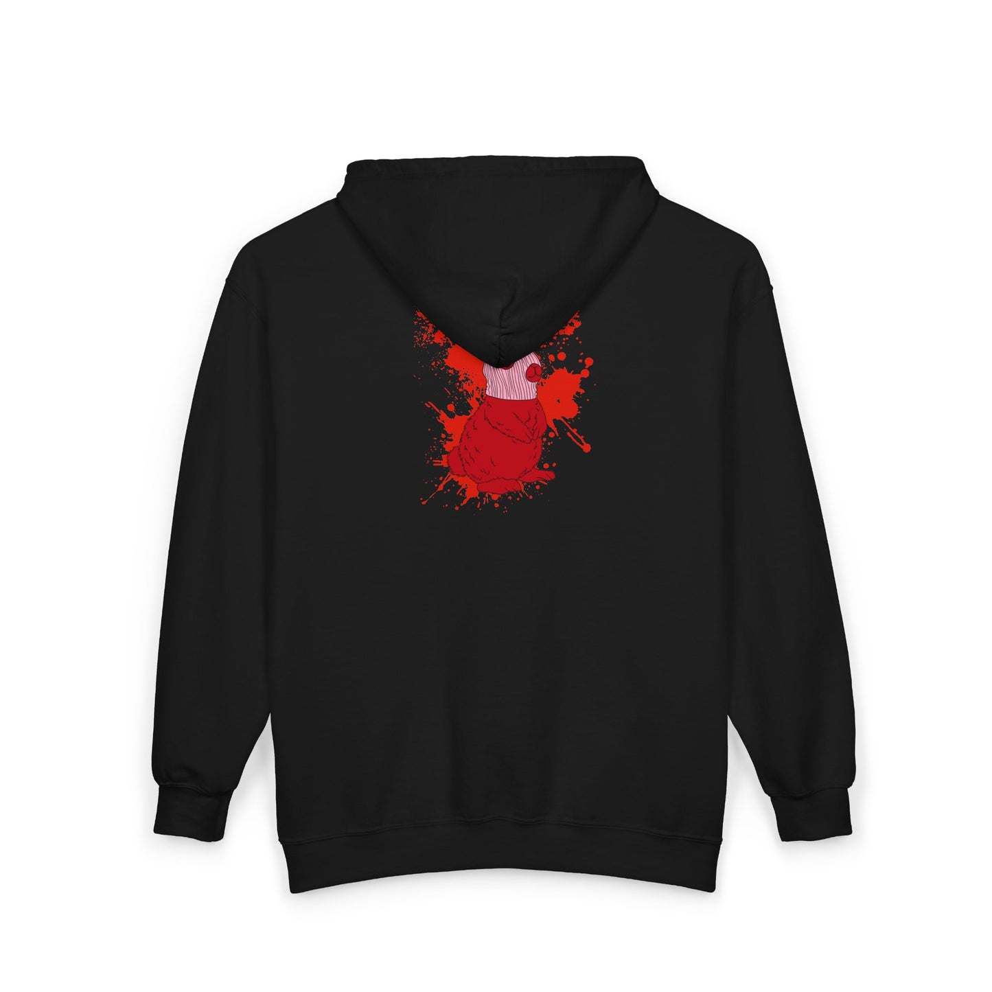 Black hoodie with red graphic on the back against a white background