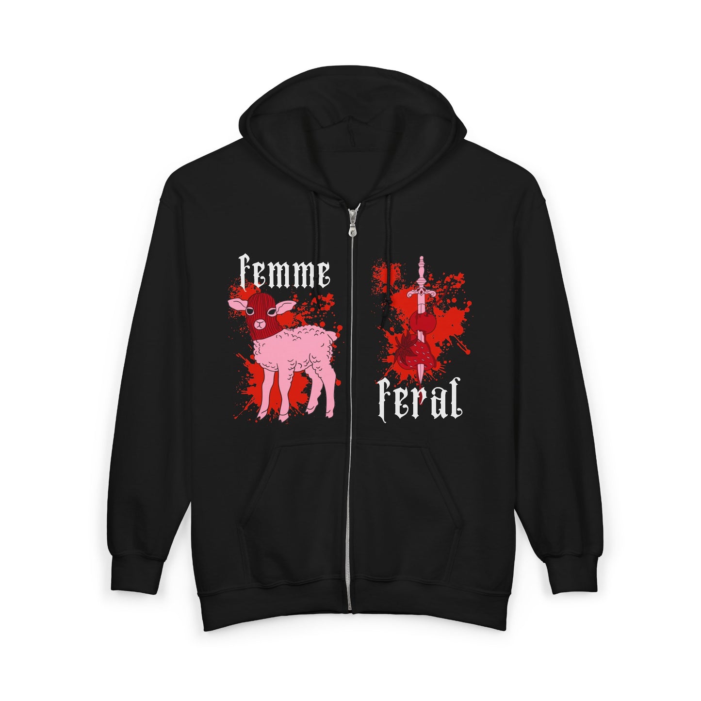 Black hoodie with pink deer graphics and text 'femme' and 'feral' on a white background