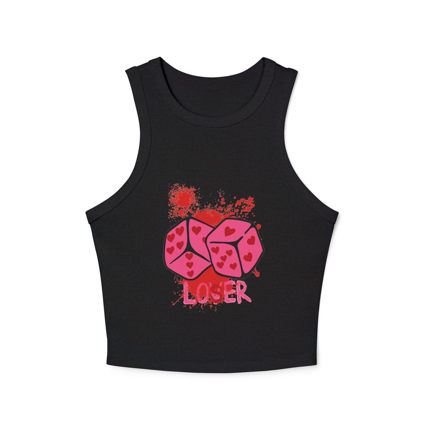 Black tank top with pink graphic design on a white background