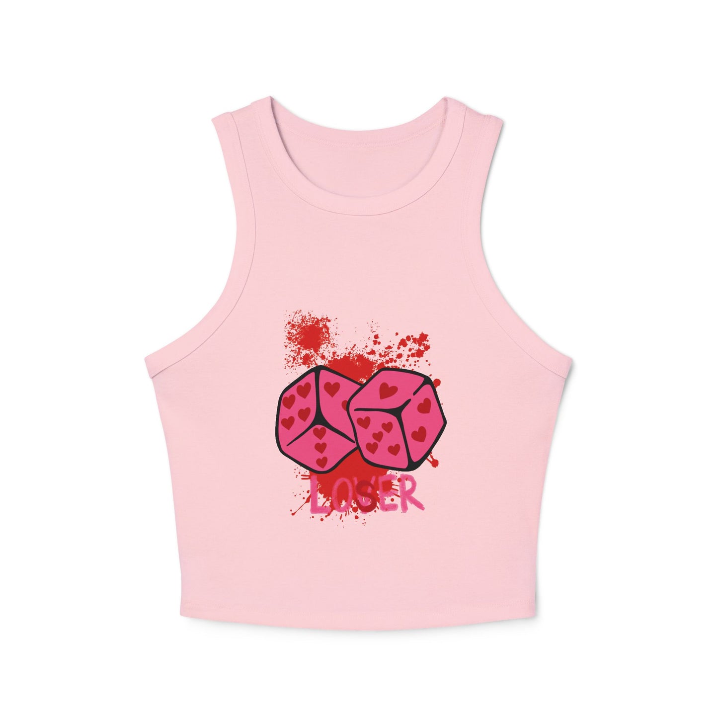 Pink tank top with heart design and text on a white background
