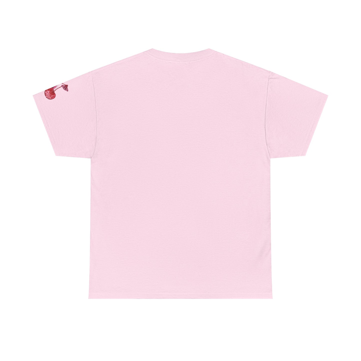 pink t-shirt with red graphic design and the word 'femme' on a white background