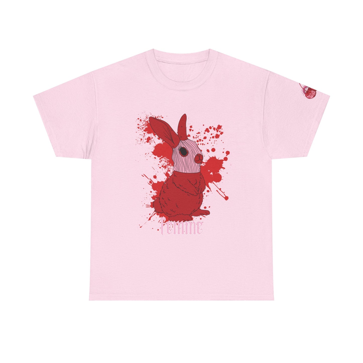 pink t-shirt with red graphic design and the word 'femme' on a white background