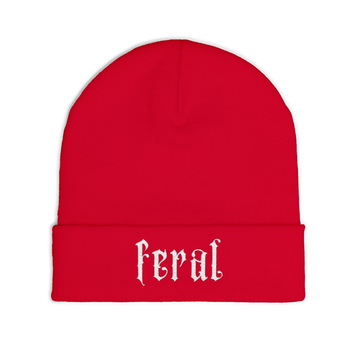 red feral embroidered beanie front view
