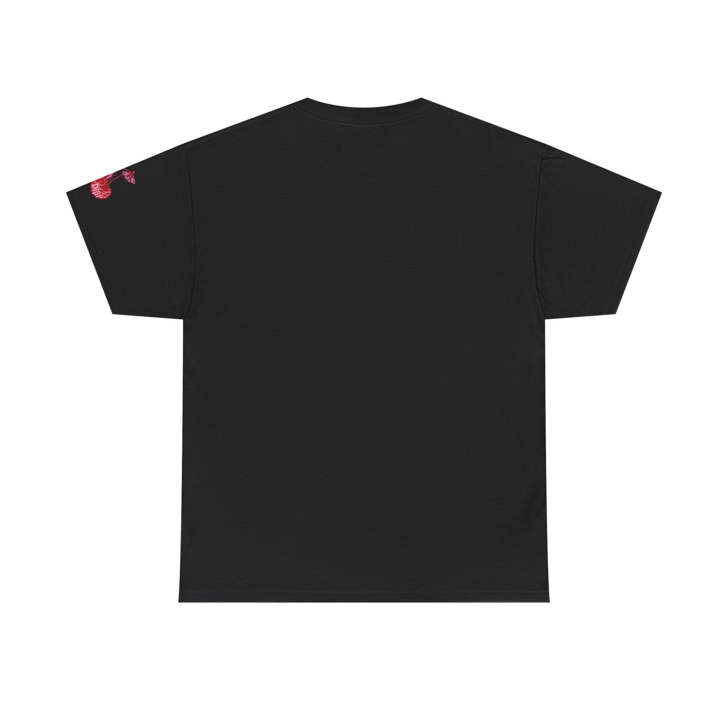 Black t-shirt with red graphic design on a white background