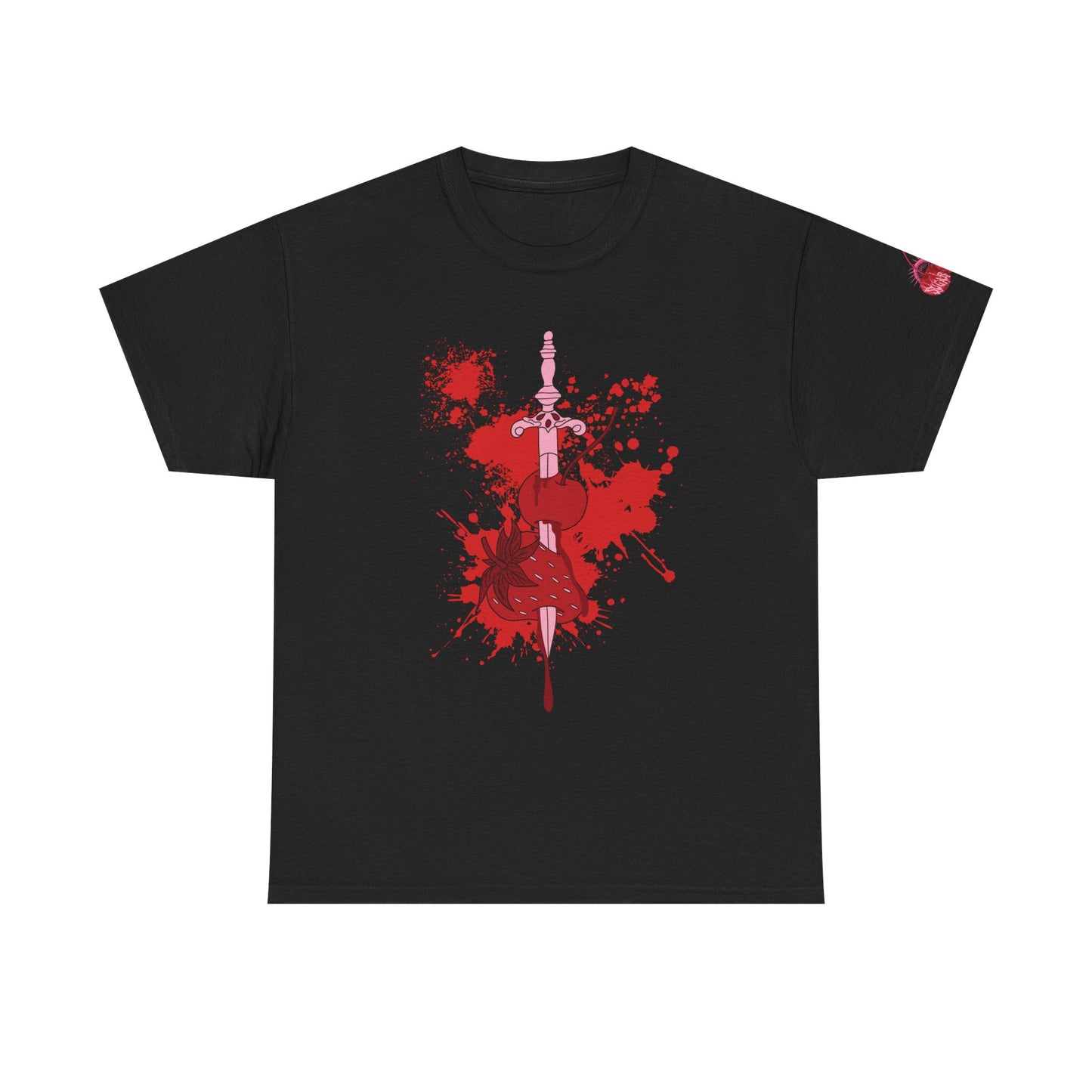 Black t-shirt with red graphic design on a white background
