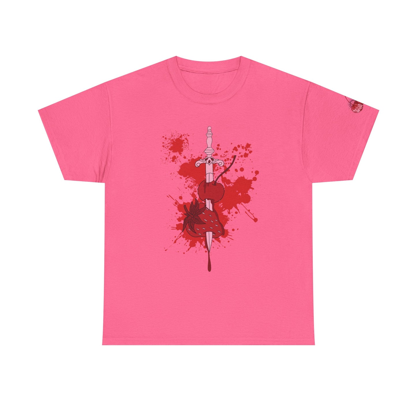 pink t-shirt with red graphic design on a white background
