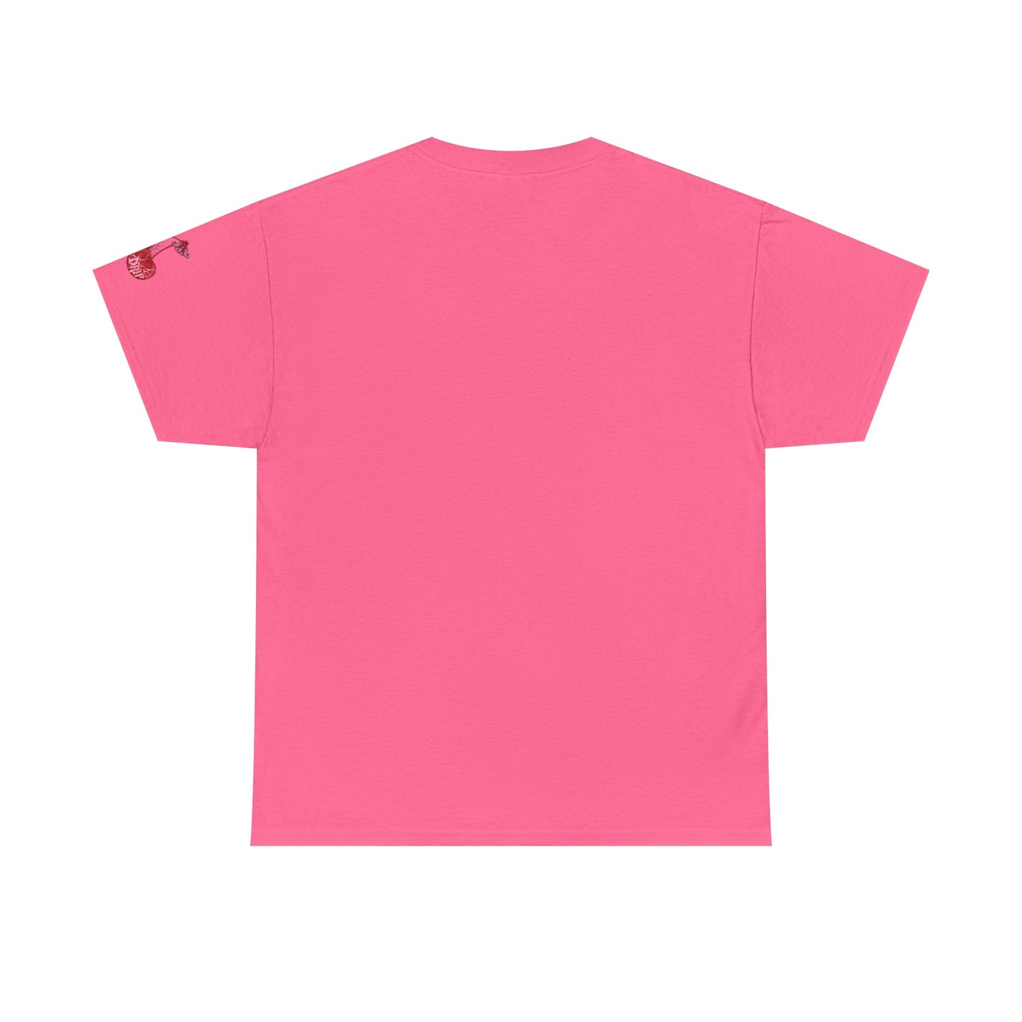 Black t-shirt with red graphic design on a white background