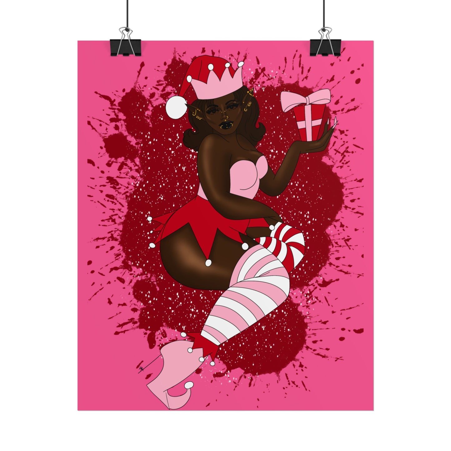 Elf Pink Goth Horror Christmas Pinup Print (Rolled Poster)