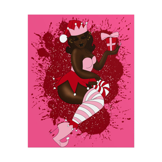 Elf Pink Goth Horror Christmas Pinup Print (Rolled Poster)