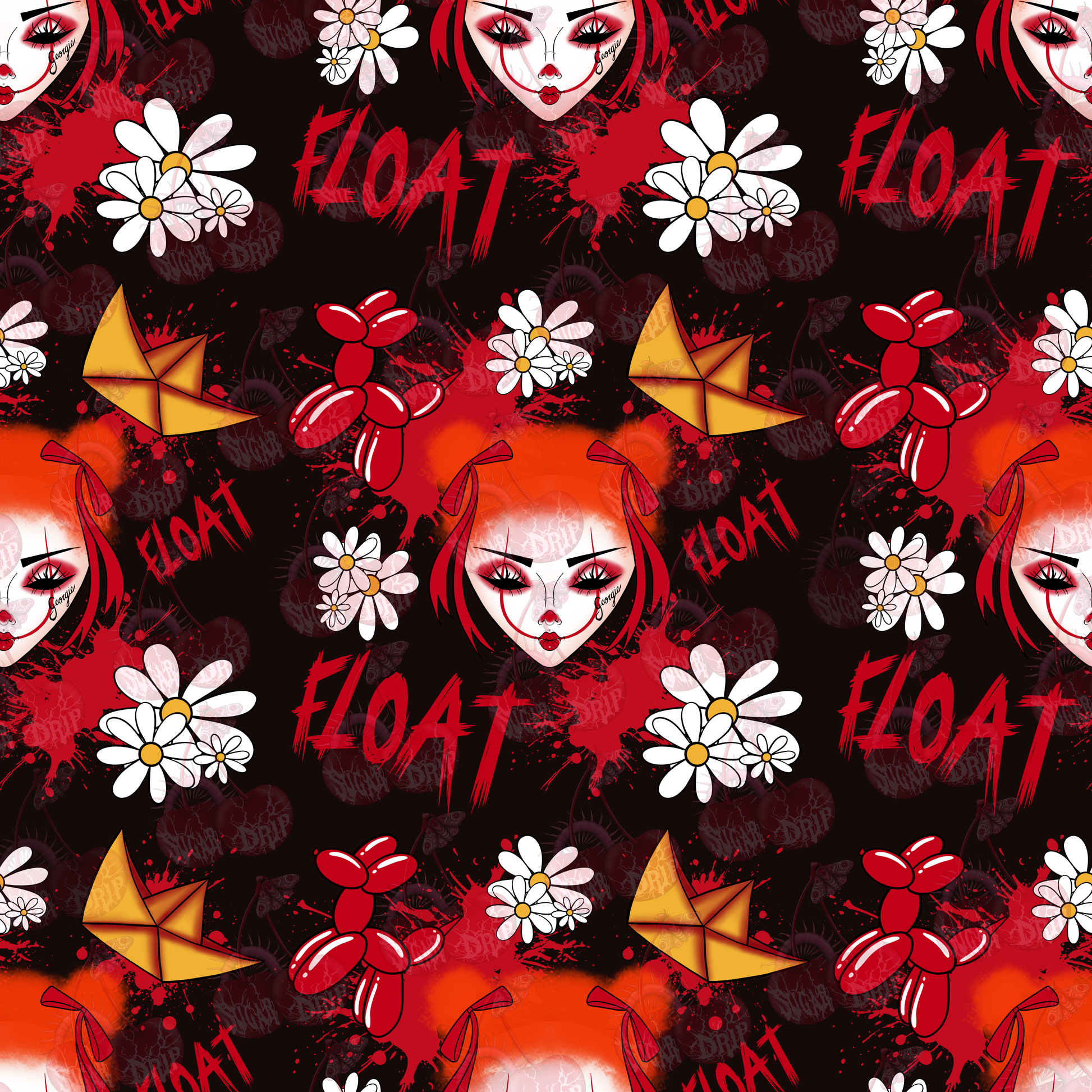 COMMERCIAL USE Spooky Goth Clown Seamless Pattern: Christmas Digital Paper (x6 Colors x1 Transparent)