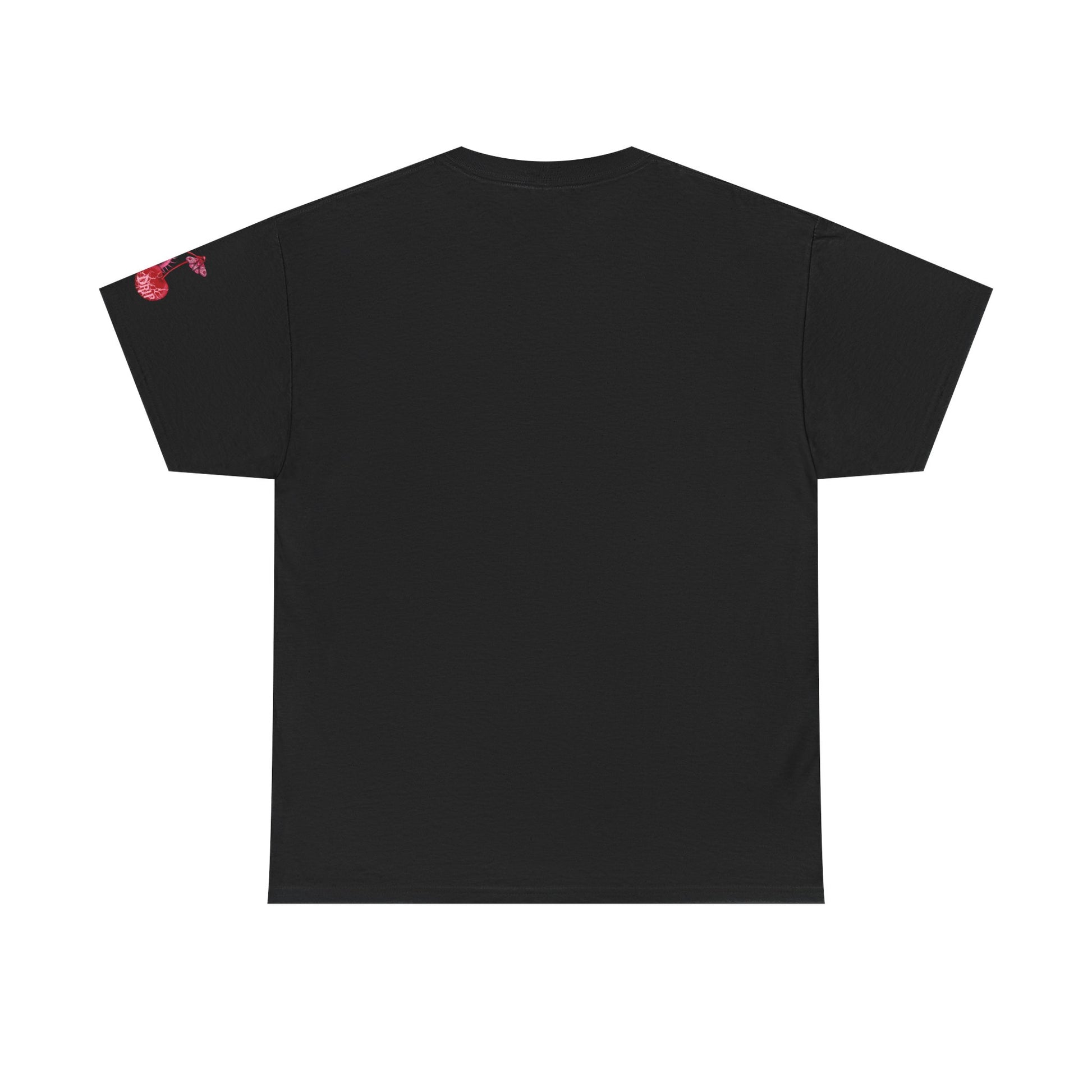 Black t-shirt with red graphic design and the word 'femme' on a white background