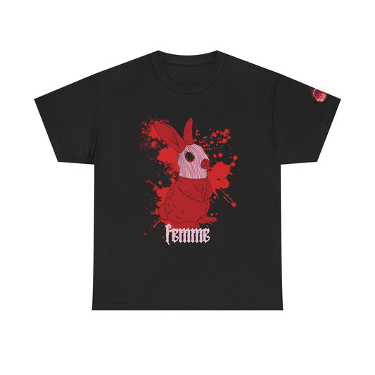 Black t-shirt with red graphic design and the word 'femme' on a white background