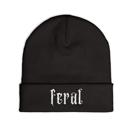 black feral embroidered beanie front view