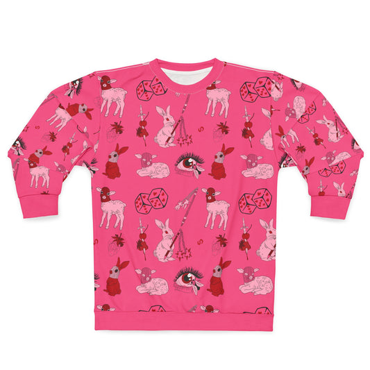 femme feral allover print goth coquette pink sweatshirt front view