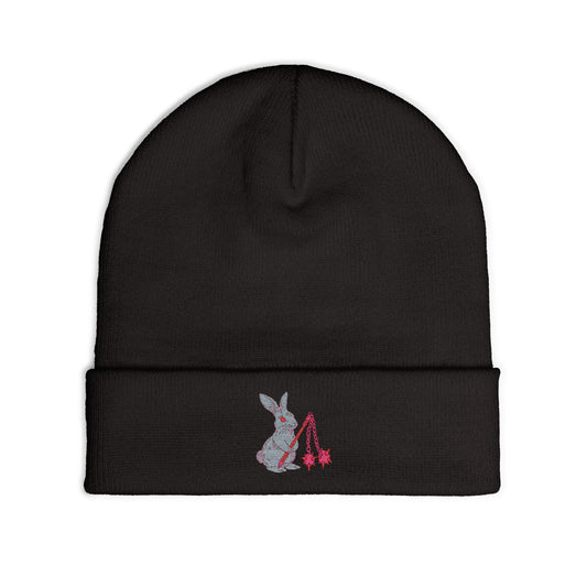 femme feral bunny holding mace embroidered black beanie