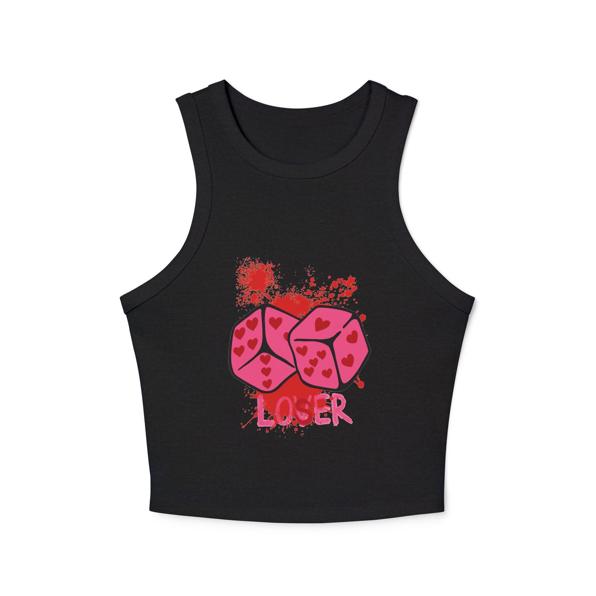 Black tank top with pink graphic design on a white background