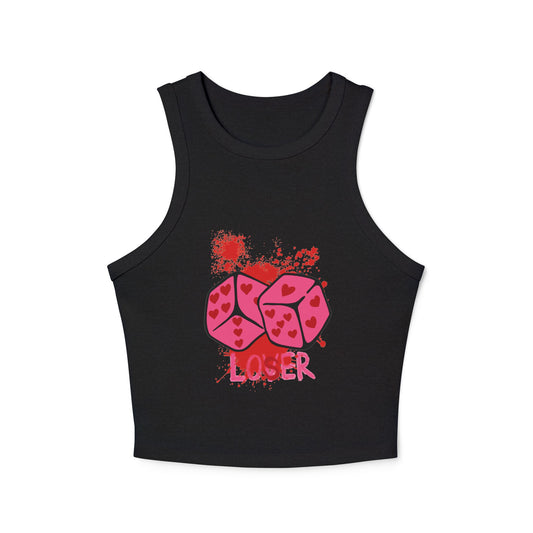 Black tank top with pink graphic design on a white background