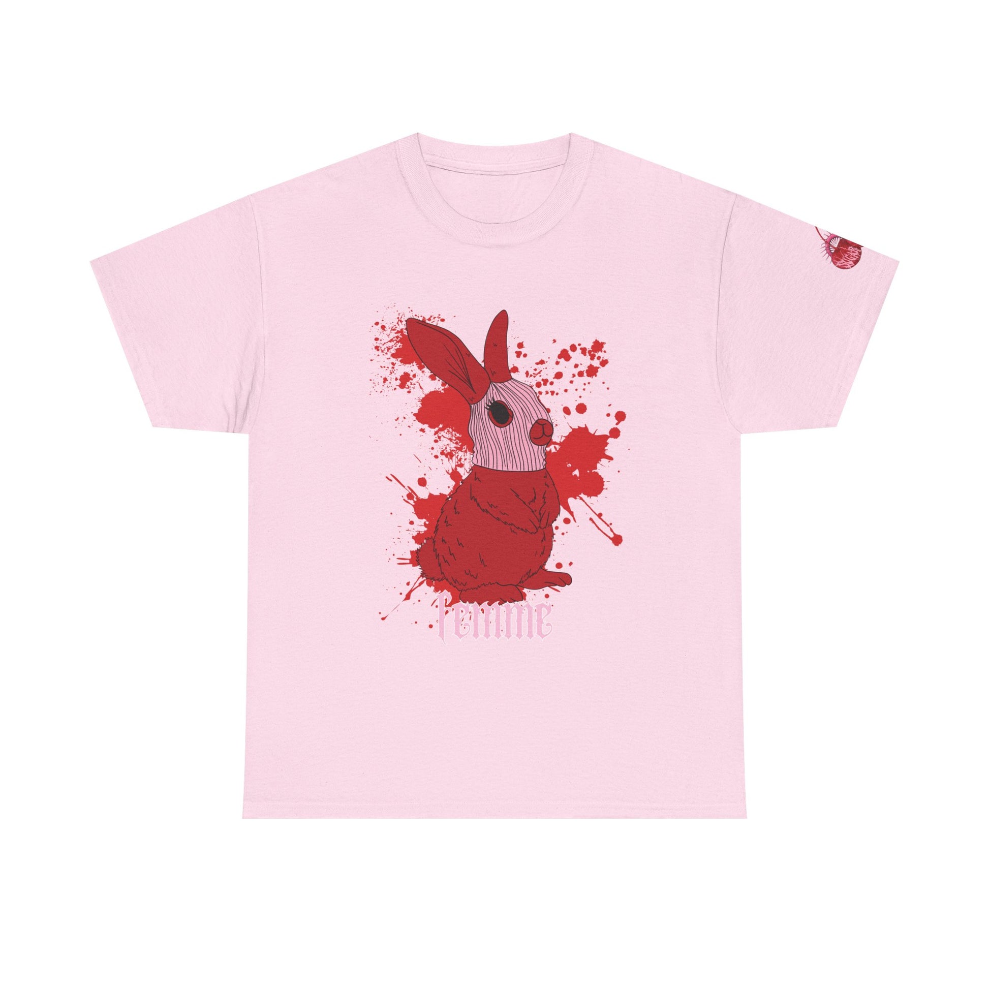 pink t-shirt with red graphic design and the word 'femme' on a white background