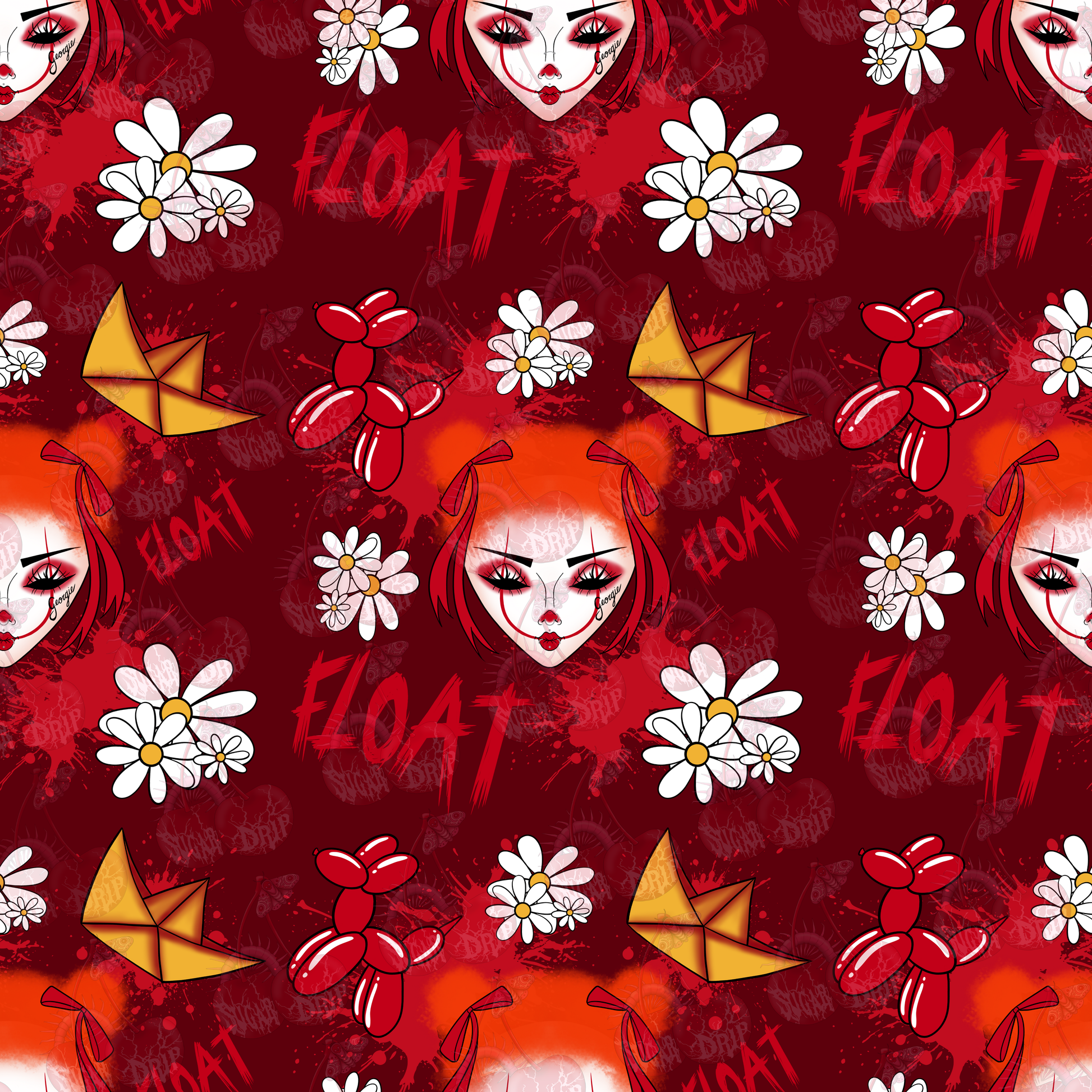 COMMERCIAL USE Spooky Goth Clown Seamless Pattern: Digital Paper (x6 Colors x1 Transparent)