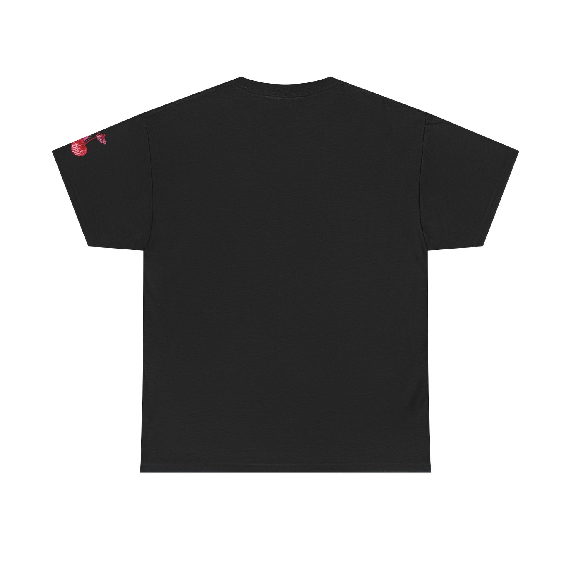 Black t-shirt with red graphic design on a white background
