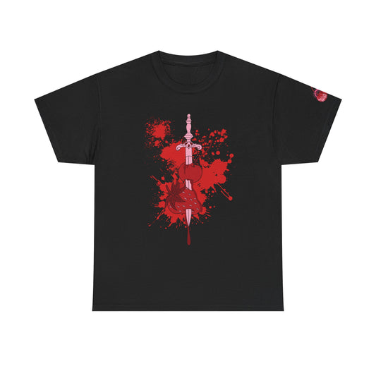 Black t-shirt with red graphic design on a white background