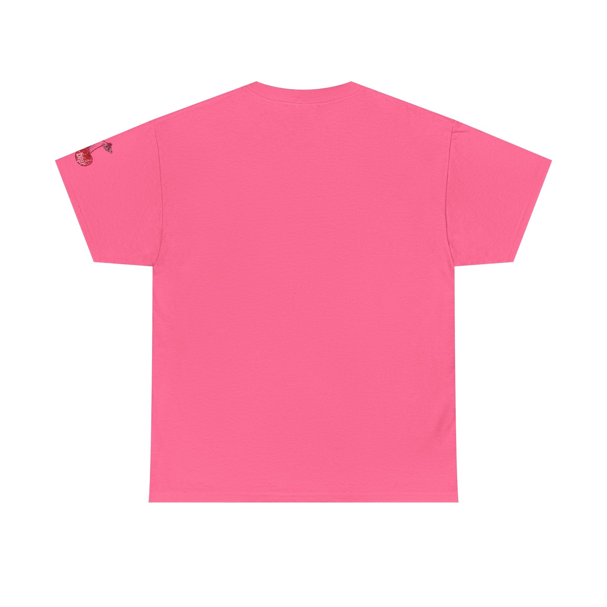 Black t-shirt with red graphic design on a white background